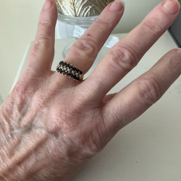 Vintage 14k solid gold and fancy dark blue sapphire and diamond ring - Picture 2 of 6